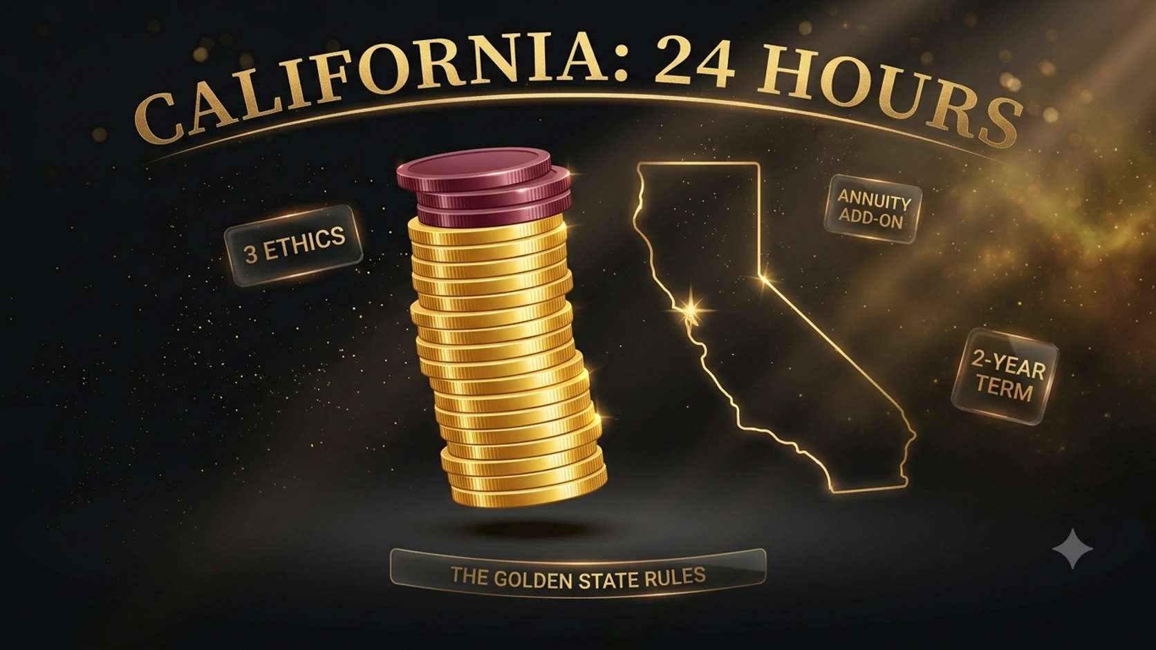 A stack of 24 gold coins beside an outline of California, representing the state's 24-hour CE requirement with 3 ethics hours.