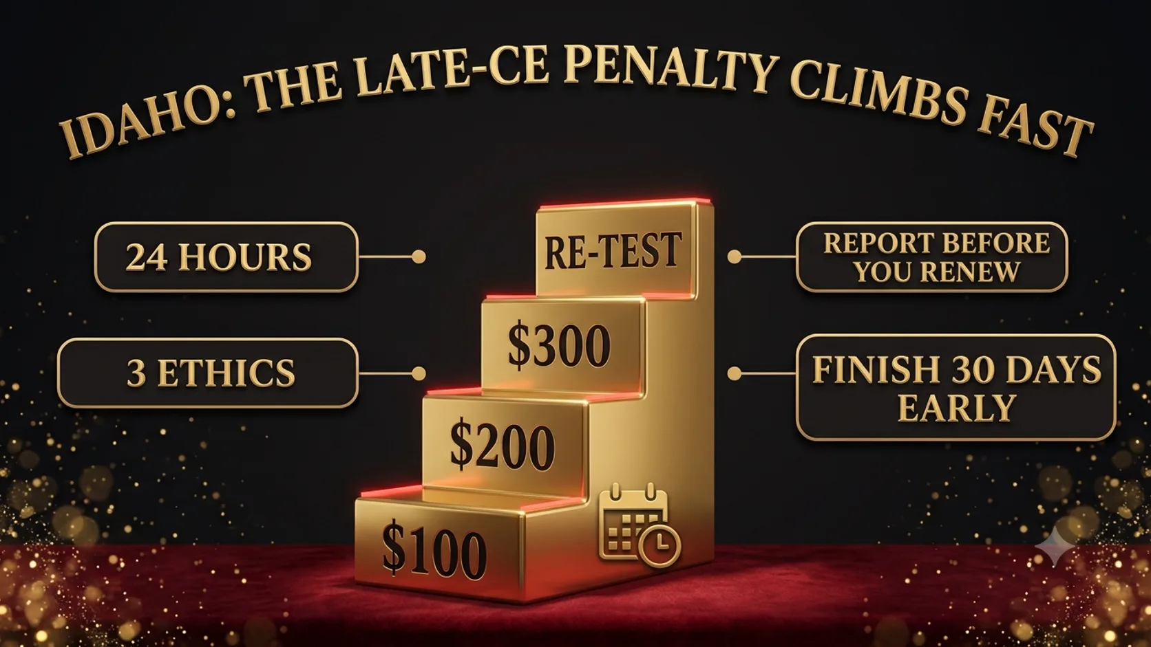 A dark-gold infographic: a rising staircase of gold steps engraved $100, $200, $300 and RE-TEST beside a calendar-and-clock emblem, captioned 24 HOURS, 3 ETHICS, REPORT BEFORE YOU RENEW and FINISH 30 DAYS EARLY, representing Idaho's graduated late-CE penalty.