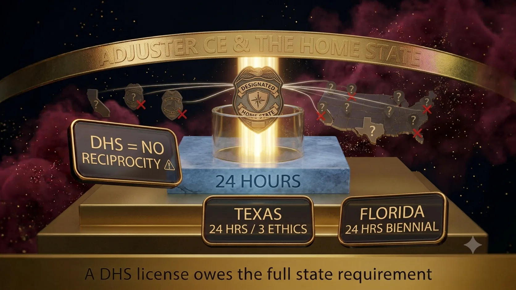 A designated-home-state adjuster badge feeding a full 24-hour CE stack, with thinner reciprocity lines branching out to other state badges.