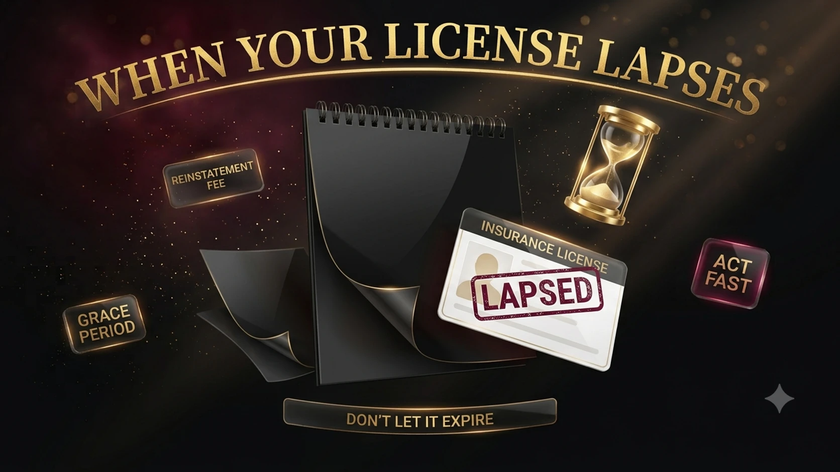 A torn calendar page with an insurance license card stamped LAPSED sliding out, illustrating what happens when a producer misses a CE renewal deadline.
