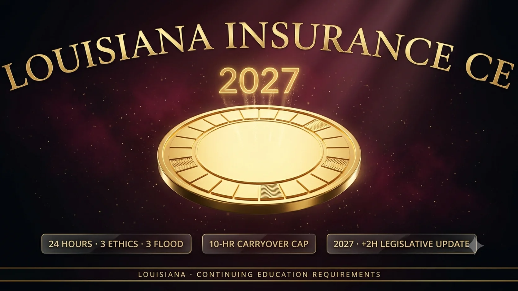 A gold medallion with 24 tick-segments, 3 engraved with a wave pattern, and a glowing 2027 marker above it, representing Louisiana's flood hours built into its 24-hour CE total and the incoming 2027 legislative-update requirement.