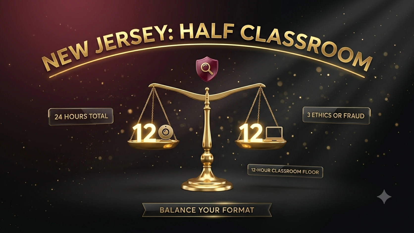 A balance scale evenly weighing 12 live-format hours against 12 self-paced hours, representing New Jersey's classroom-equivalent requirement.