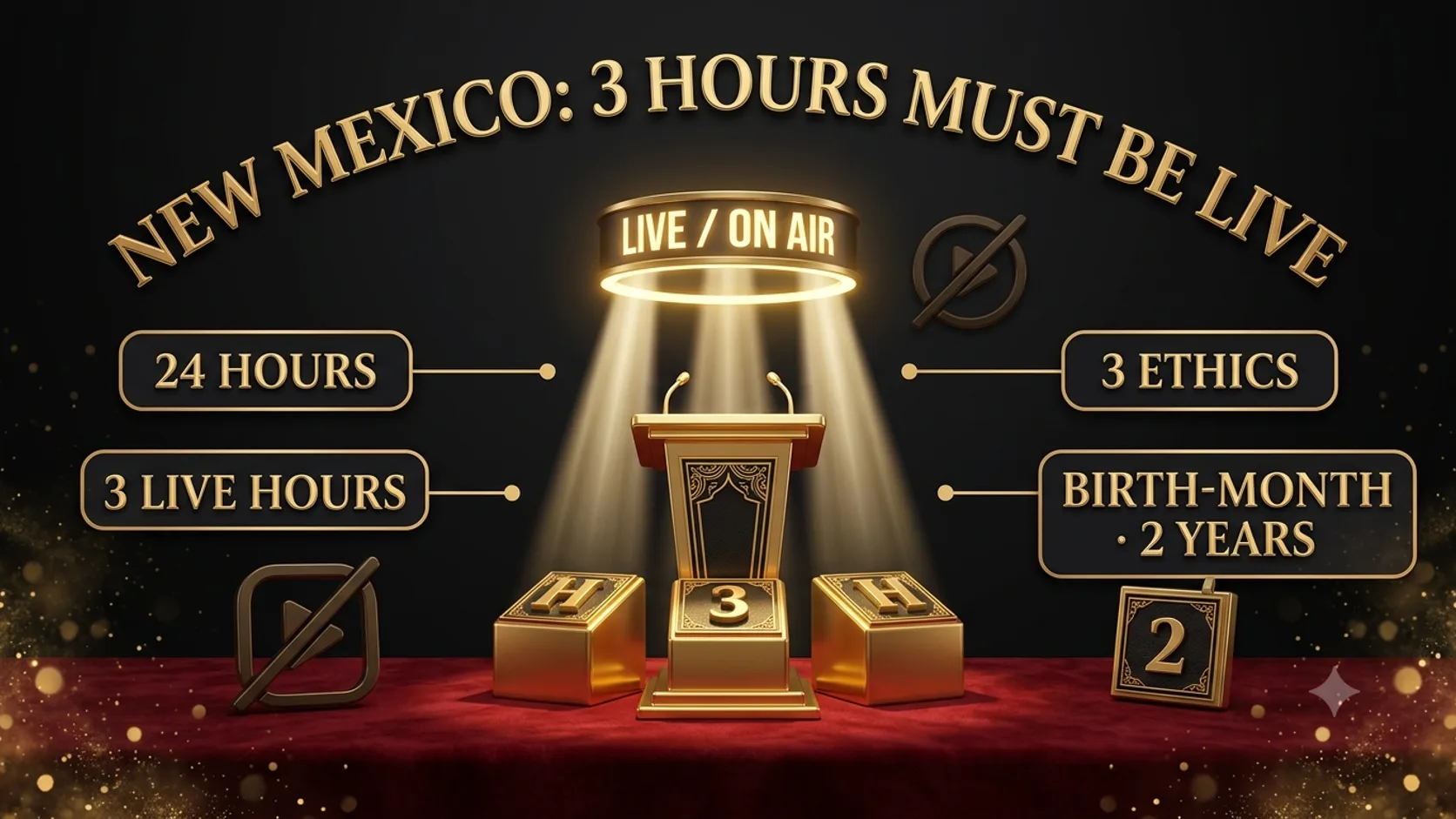 A dark-gold infographic: a gold lectern under a LIVE / ON AIR halo beaming light onto a block marked 3, with crossed-out recorded-video icons to the side, captioned 24 HOURS, 3 LIVE HOURS, 3 ETHICS and BIRTH-MONTH 2 YEARS, representing New Mexico's live-instruction minimum.