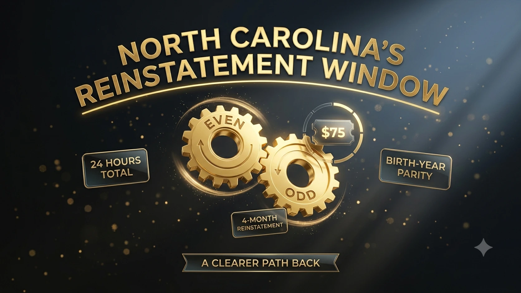 Two interlocking gears labeled even and odd beside a 75-dollar ticket, representing North Carolina's birth-year renewal parity and reinstatement fee.