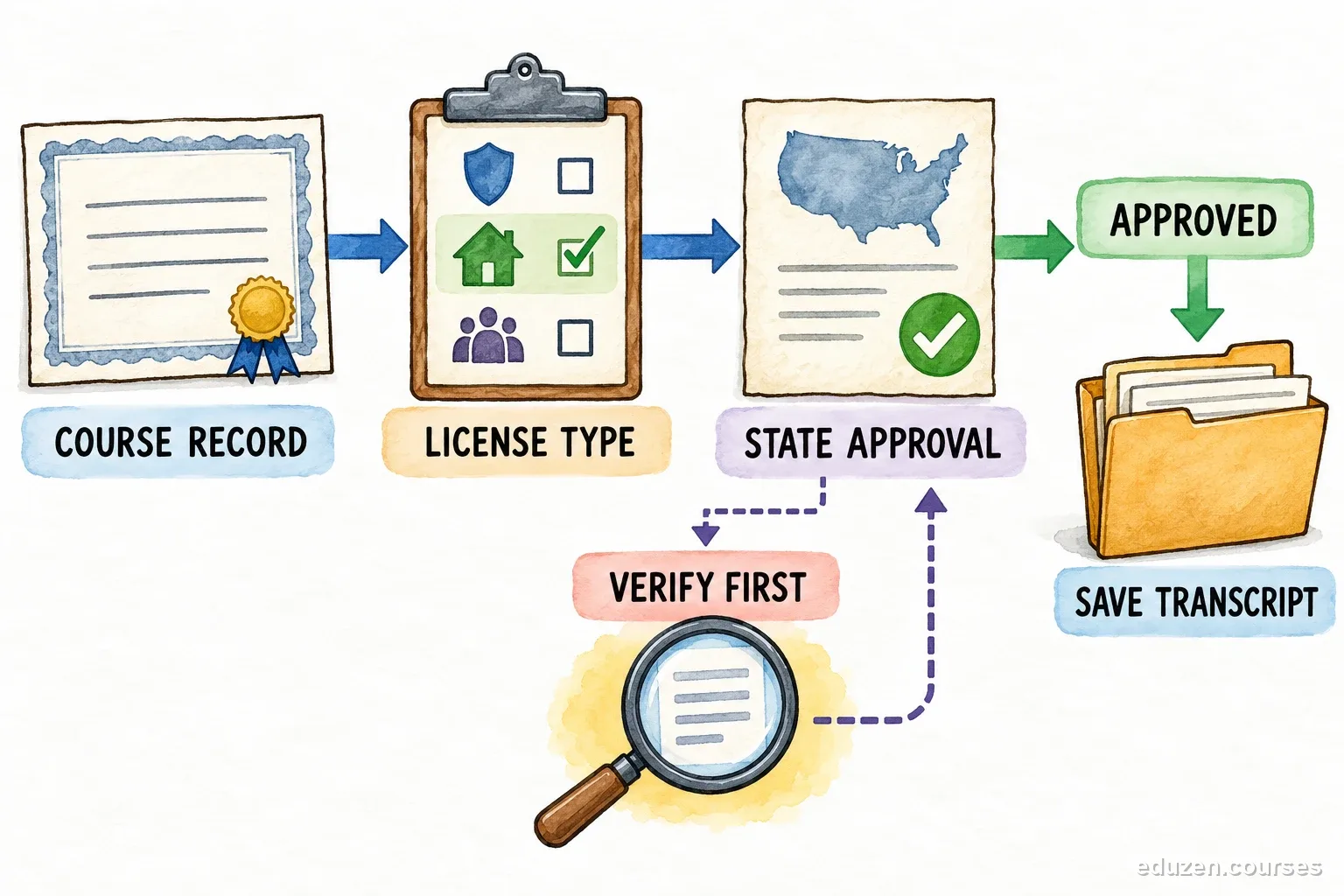 A course record passes through license-type and state-approval checks before it is saved to a transcript, with an uncertain course sent to verification first.