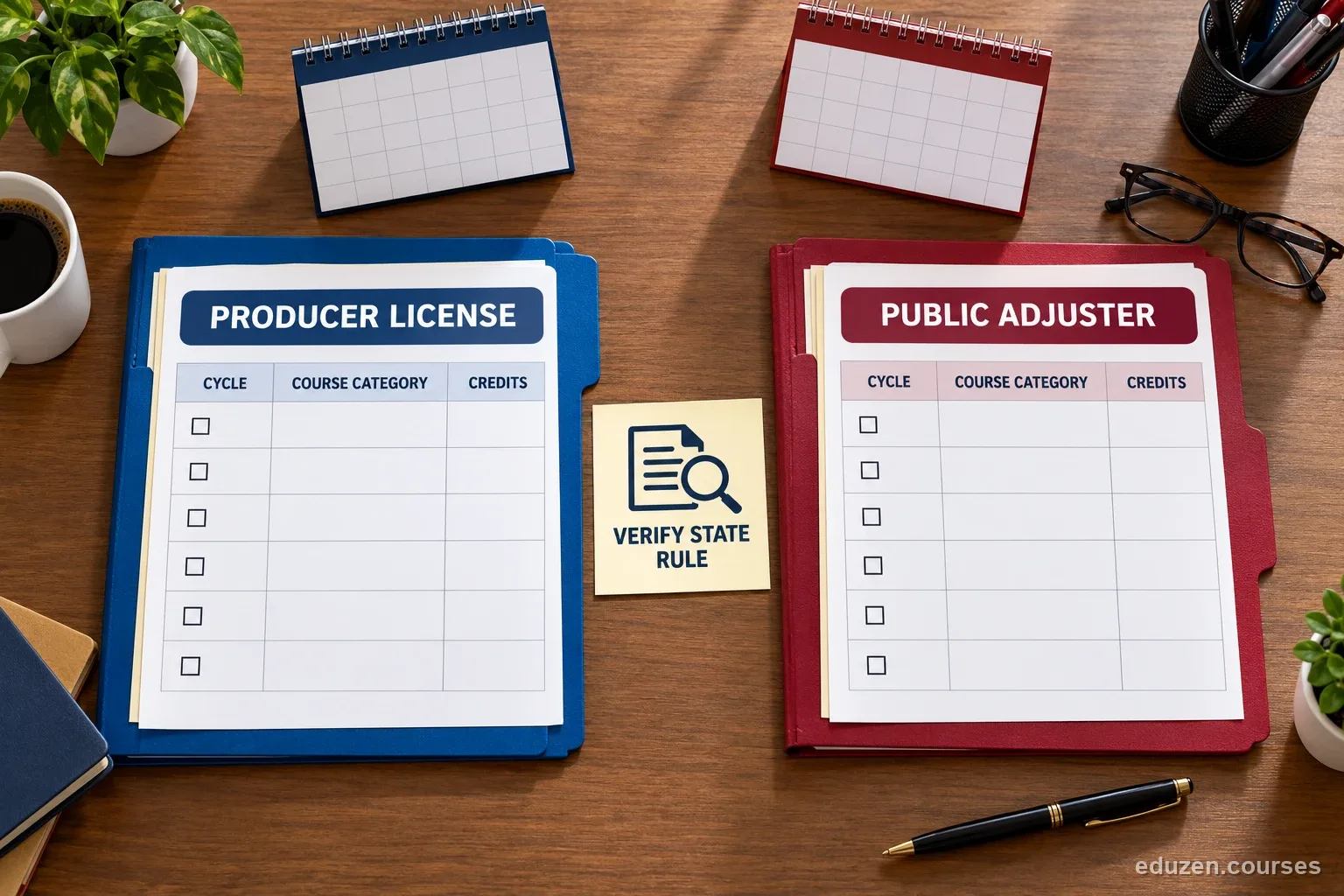 Separate producer and public-adjuster CE calendars show individual course-category and credit fields with a state-rule verification card between them.