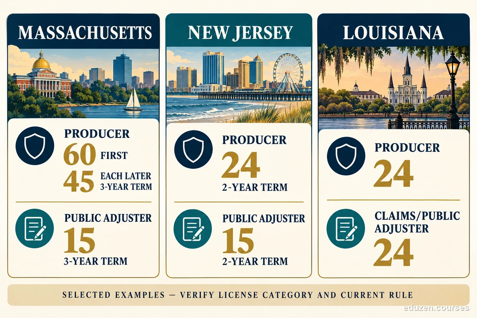 A three-state CE comparison shows Massachusetts producers at 60 initial and 45 recurring hours versus 15 for public adjusters, New Jersey at 24 versus 15, and Louisiana at 24 for both selected categories.